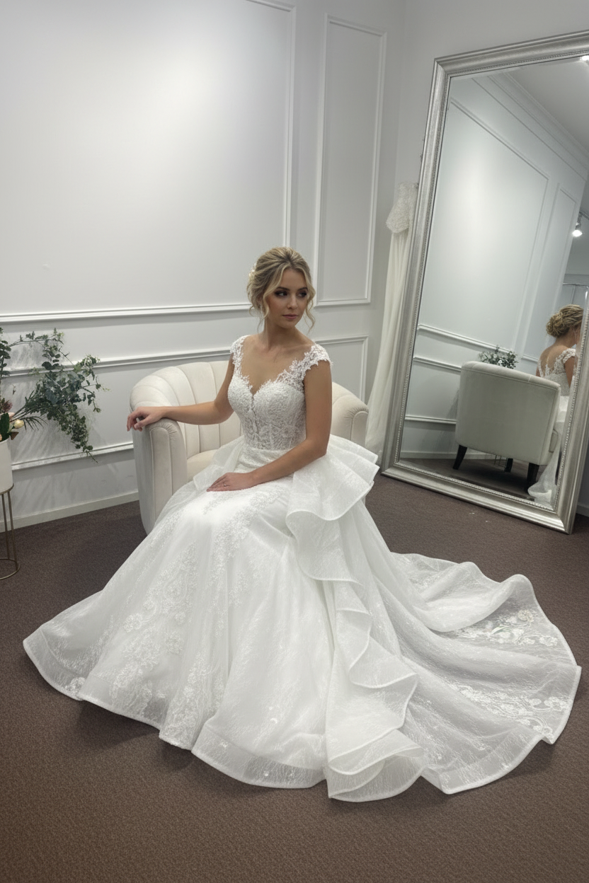 Luxuoso vestido de noiva sereia com laço grande e cauda catedral