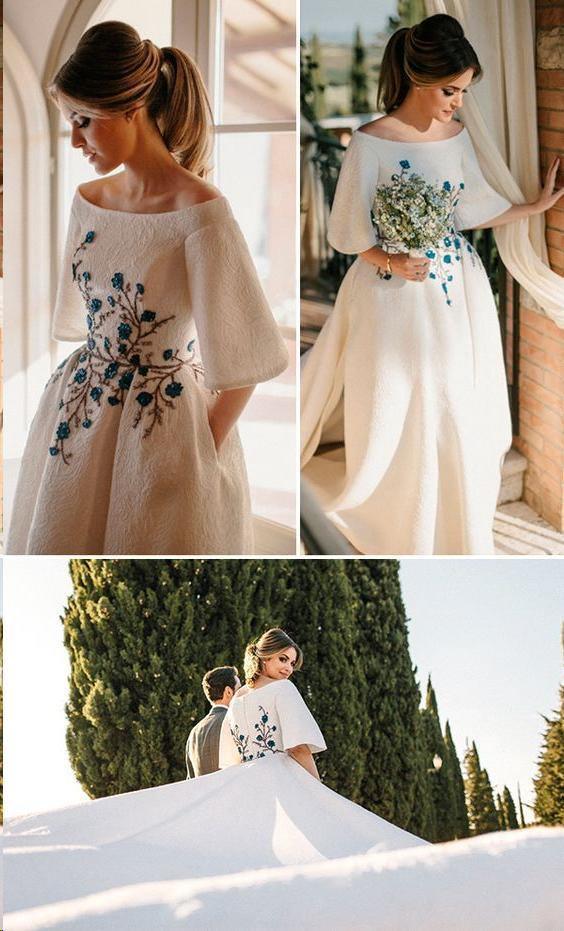 Vestidos de novia Bateau bordado romántico vestido de novia de media manga
