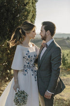 Vestidos de novia Bateau bordado romántico vestido de novia de media manga