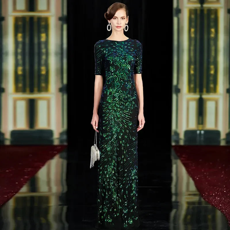 Vestidos de Noche Largos de Sirena Sexy Brillantes con Cuello Redondo Verde con Lentejuelas para Fiesta