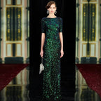 Vestidos de Noche Largos de Sirena Sexy Brillantes con Cuello Redondo Verde con Lentejuelas para Fiesta