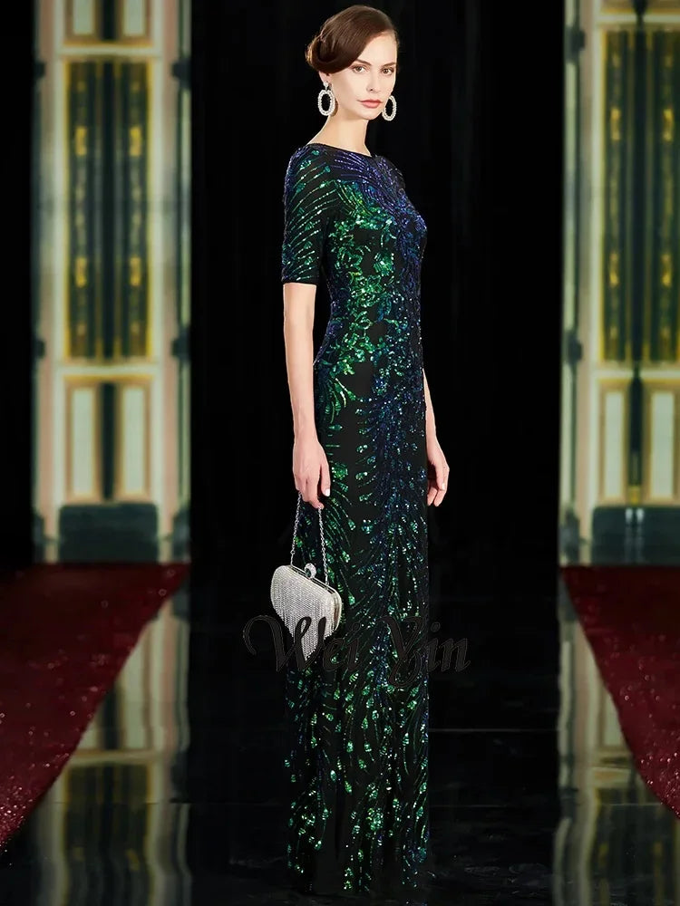 Vestidos de Noche Largos de Sirena Sexy Brillantes con Cuello Redondo Verde con Lentejuelas para Fiesta