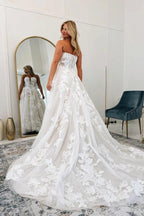 White 3D Floral Lace A-Line Strapless Wedding Dress Cathedral Train