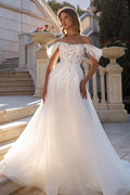 White A Line Off Shoulder Sweetheart Wedding Dress With Puff Sleeves Tulle