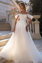White A Line Off Shoulder Sweetheart Wedding Dress With Puff Sleeves Tulle