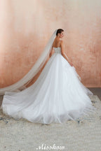 Robe de mariée blanche à jupe boule avec traîne chapelle, bretelles fines, corsage en dentelle transparente à lacets, robes nuptiales à vendre