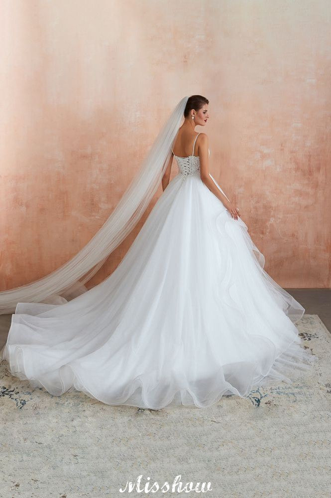 Robe de mariée blanche à jupe boule avec traîne chapelle, bretelles fines, corsage en dentelle transparente à lacets, robes nuptiales à vendre