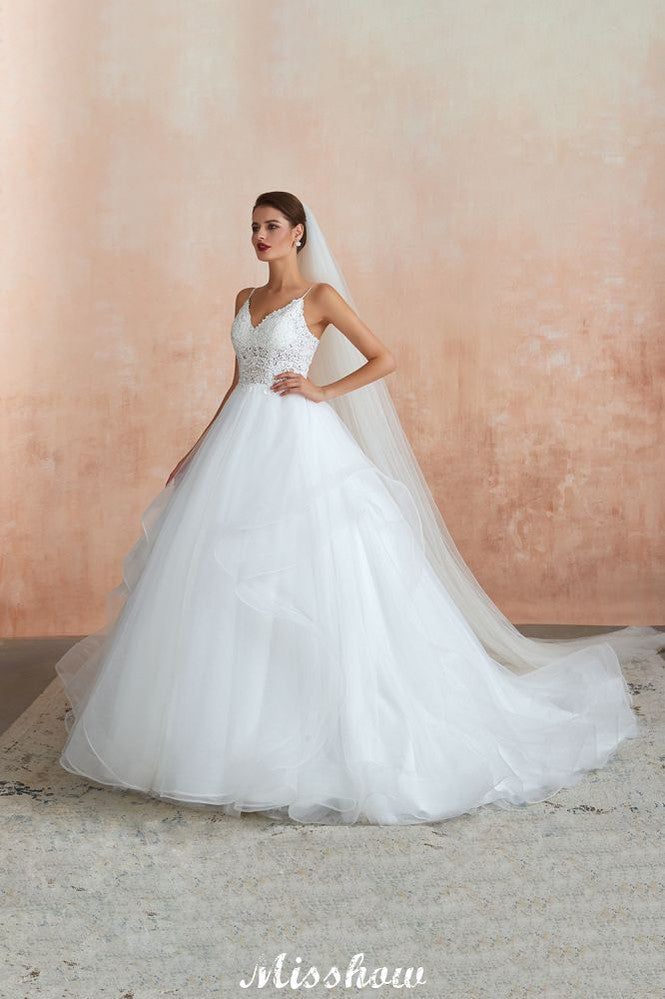 Robe de mariée blanche à jupe boule avec traîne chapelle, bretelles fines, corsage en dentelle transparente à lacets, robes nuptiales à vendre
