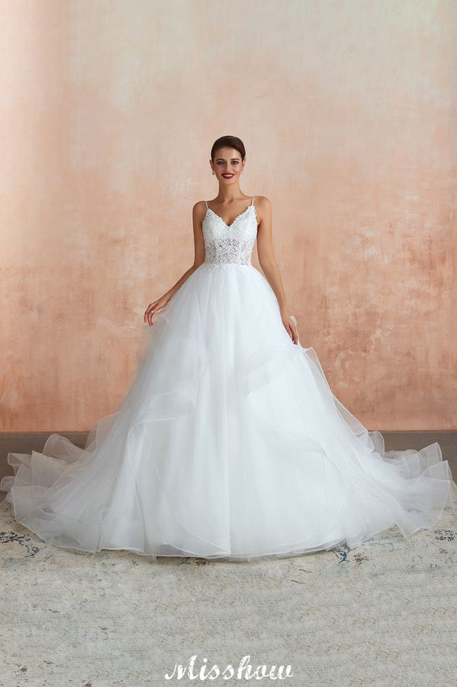 Robe de mariée blanche à jupe boule avec traîne chapelle, bretelles fines, corsage en dentelle transparente à lacets, robes nuptiales à vendre