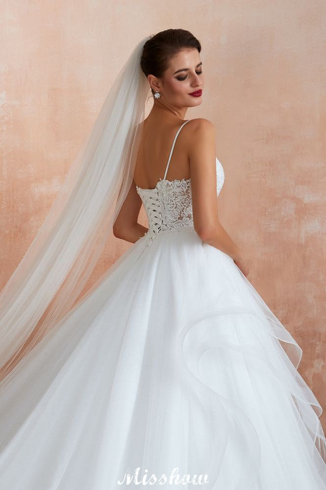 Robe de mariée blanche à jupe boule avec traîne chapelle, bretelles fines, corsage en dentelle transparente à lacets, robes nuptiales à vendre