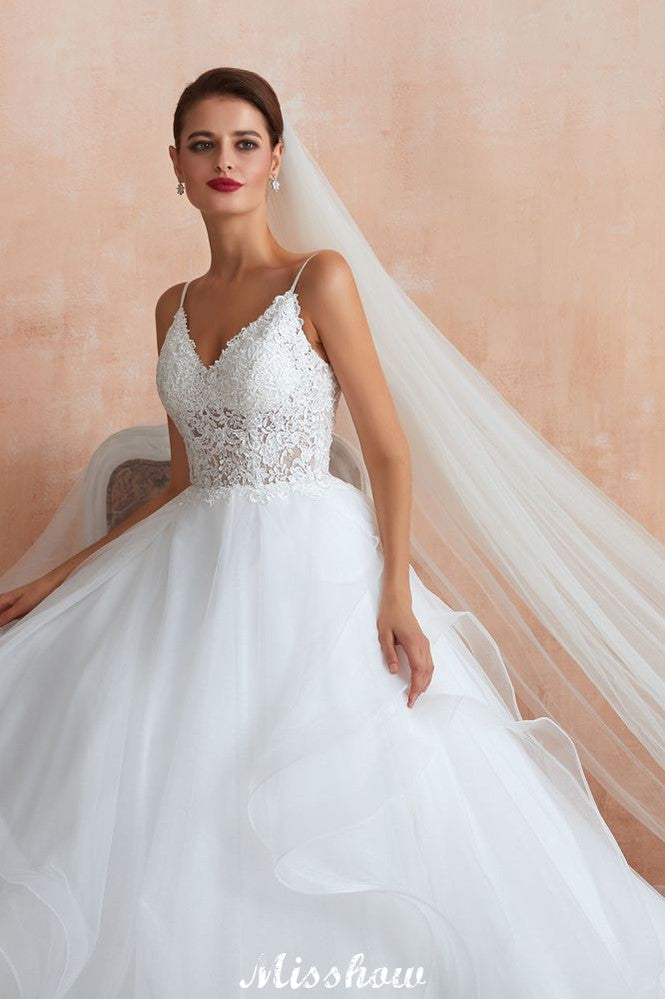 Robe de mariée blanche à jupe boule avec traîne chapelle, bretelles fines, corsage en dentelle transparente à lacets, robes nuptiales à vendre