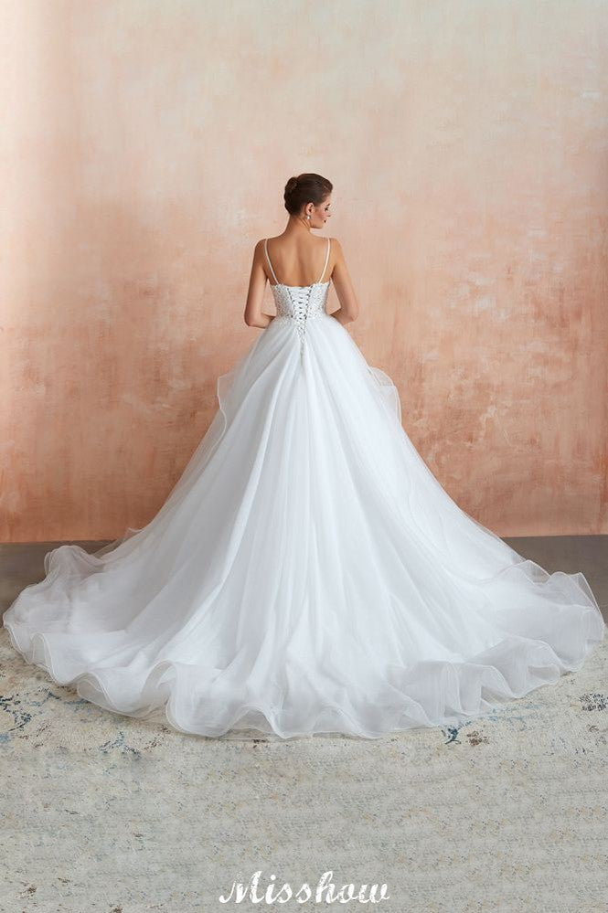 Robe de mariée blanche à jupe boule avec traîne chapelle, bretelles fines, corsage en dentelle transparente à lacets, robes nuptiales à vendre