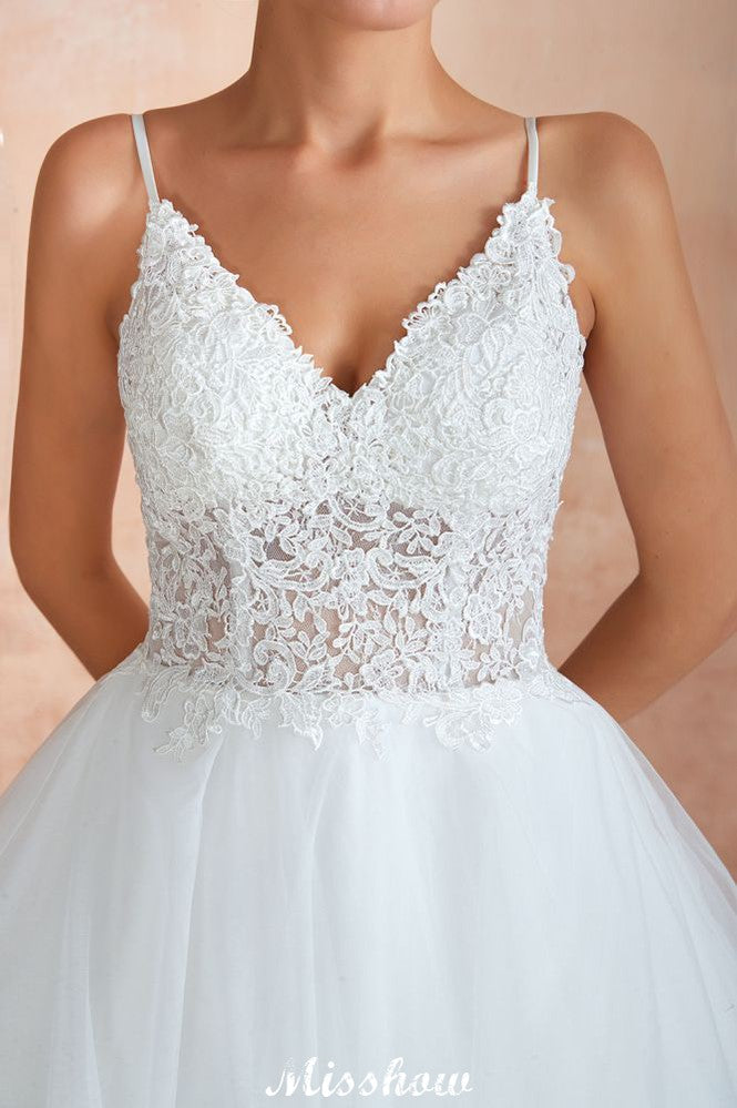 Robe de mariée blanche à jupe boule avec traîne chapelle, bretelles fines, corsage en dentelle transparente à lacets, robes nuptiales à vendre