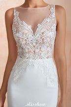 Vestido de Noiva Coluna com Decote Ilusão Branco, Sem Mangas