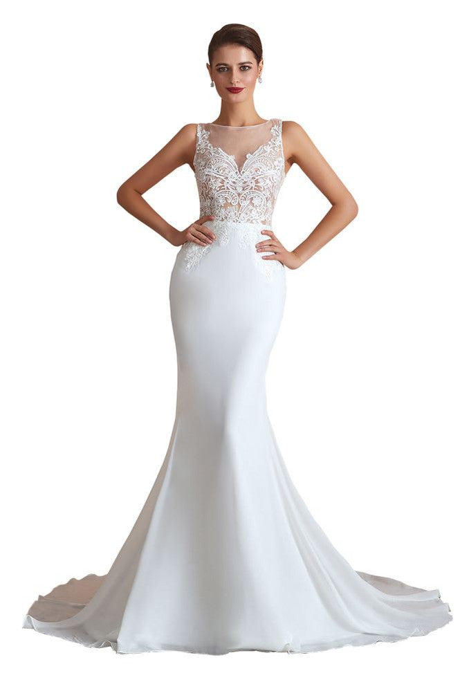 Vestido de Noiva Coluna com Decote Ilusão Branco, Sem Mangas