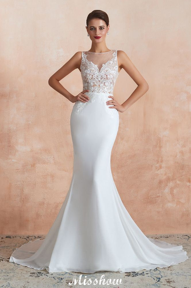 Vestido de Noiva Coluna com Decote Ilusão Branco, Sem Mangas