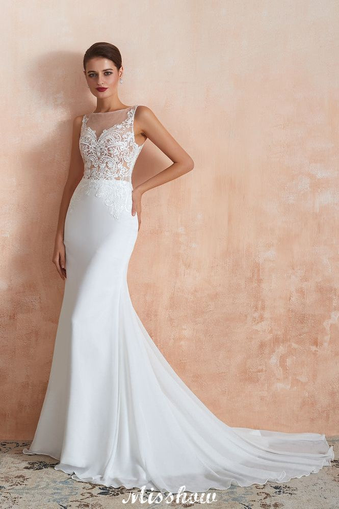 Vestido de Noiva Coluna com Decote Ilusão Branco, Sem Mangas