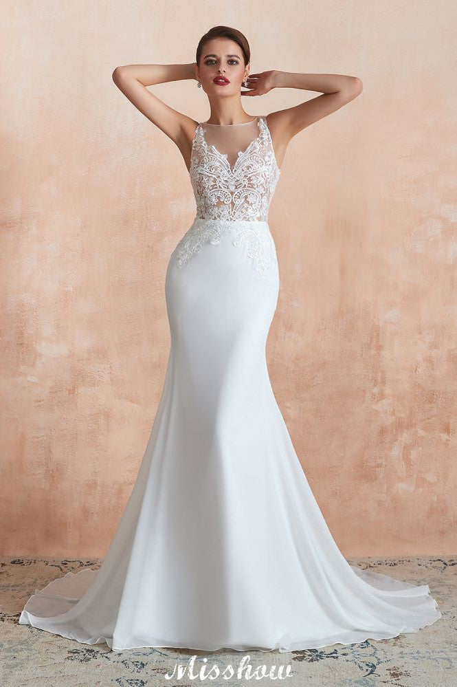 Vestido de Noiva Coluna com Decote Ilusão Branco, Sem Mangas