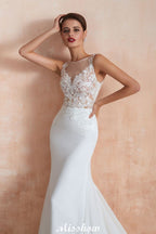 Vestido de Noiva Coluna com Decote Ilusão Branco, Sem Mangas
