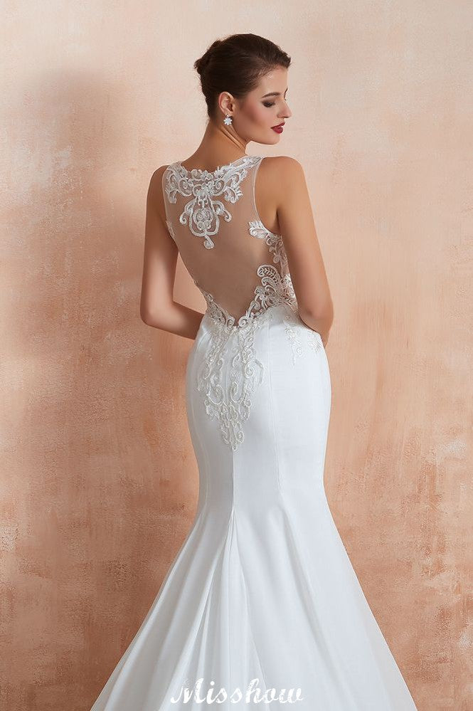 Vestido de Noiva Coluna com Decote Ilusão Branco, Sem Mangas