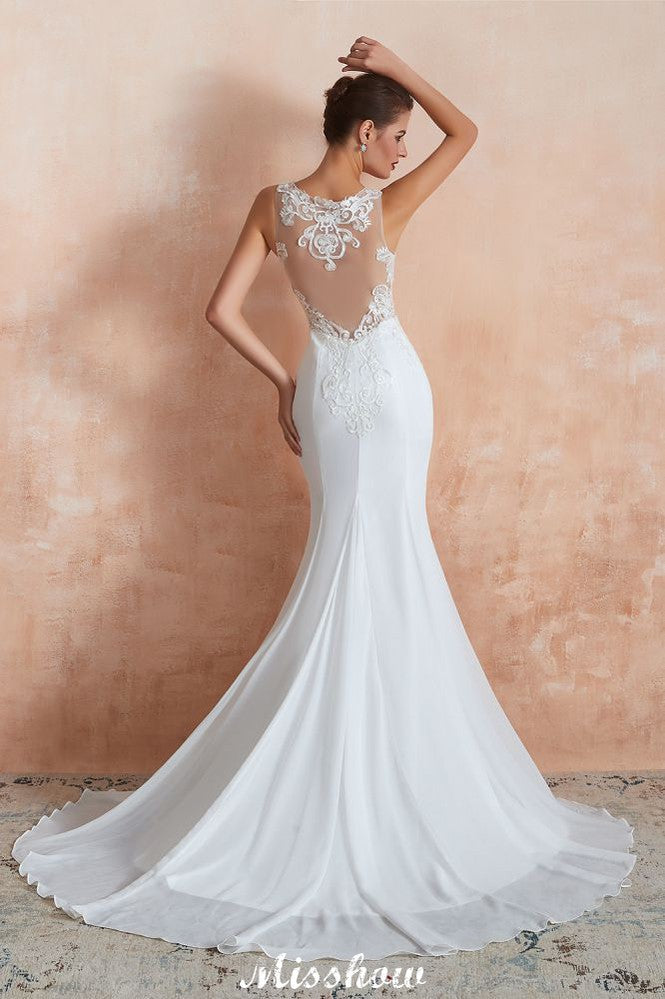 Vestido de Noiva Coluna com Decote Ilusão Branco, Sem Mangas