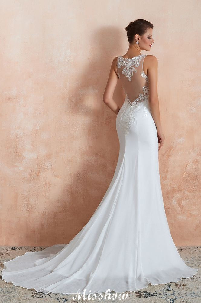 Vestido de Noiva Coluna com Decote Ilusão Branco, Sem Mangas
