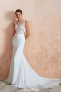 Vestido de Noiva Coluna com Decote Ilusão Branco, Sem Mangas