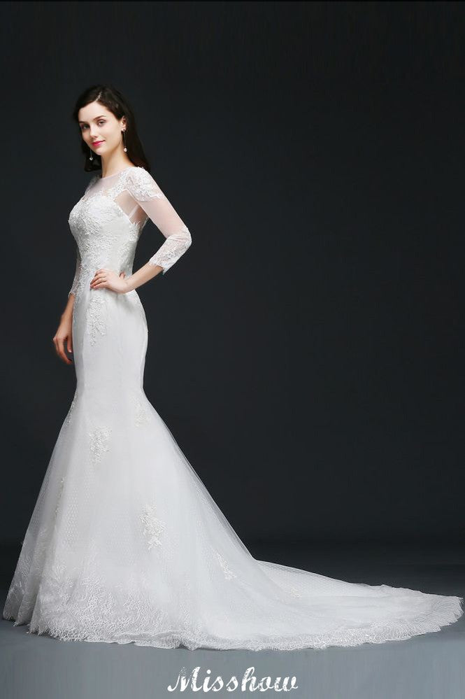 Vestido de novia de sirena con encaje blanco y joya