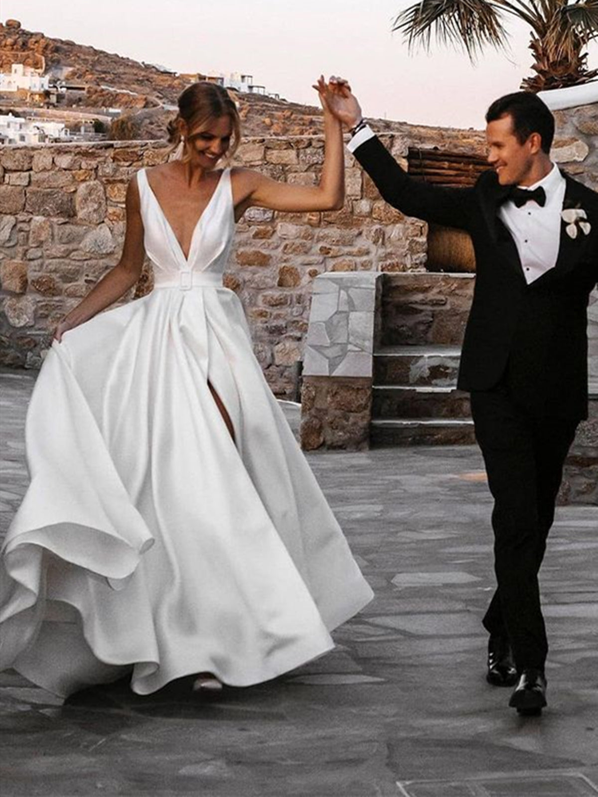 White Long A-line V-neck Satin Backless Wedding Dresses with Slit