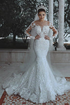 Vestidos de novia blancos largos de encaje sirena con mangas