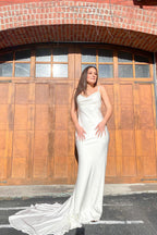 White Long Mermaid Spaghetti Straps Sweetheart Open Back Satin Wedding Dress