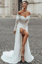 White Mermaid Wedding Dress Off Shoulder Draped Cowl Neck Lace Long Sleeve