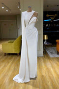 Vestido de fiesta de sirena de satén blanco de un solo hombro con cuello alto y ajustado vestido de noche largo