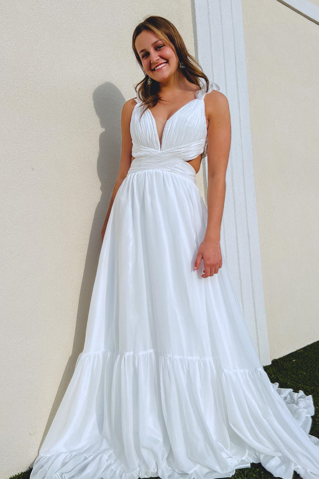 Ruffle Straps Pleated Cut-Out Deep V Long Prom Dress