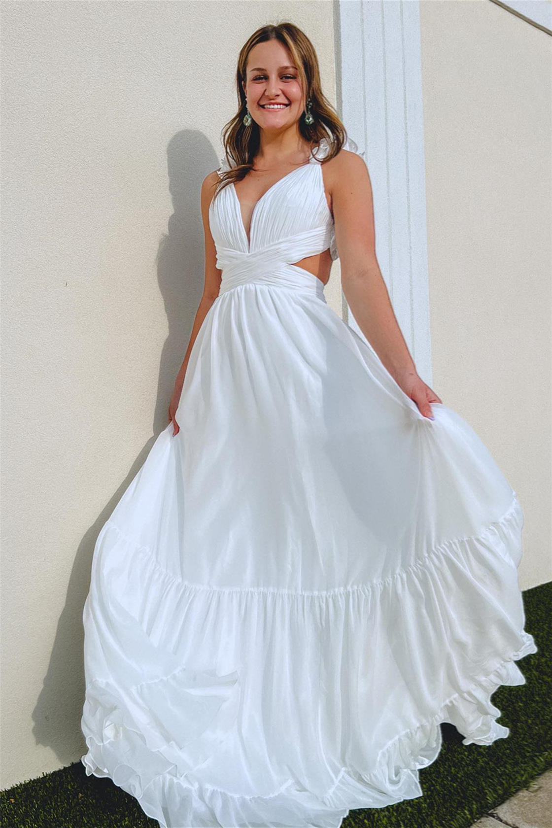 Ruffle Straps Pleated Cut-Out Deep V Long Prom Dress