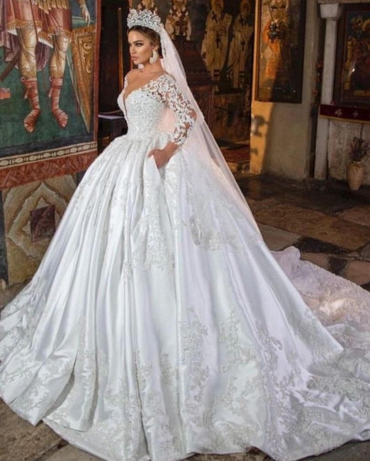 Weißes Satin A-Linien-Brautkleid mit V-Ausschnitt und langen Ärmeln