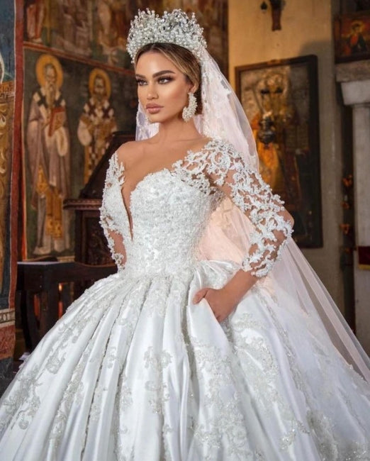 Weißes Satin A-Linien-Brautkleid mit V-Ausschnitt und langen Ärmeln