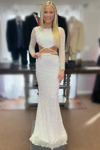Vestido longo de baile com lantejoulas, manga comprida e recortes, estilo sereia