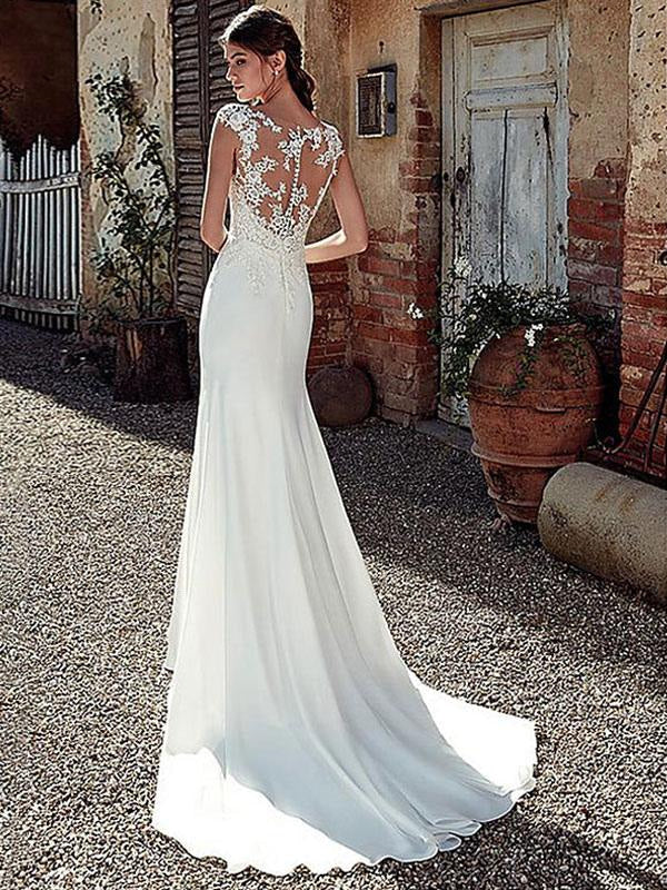 Bainha de comboio de corte de vestido de noiva com mangas de ilusão de chiffon branco