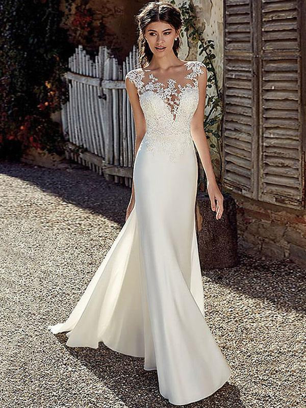 Bainha de comboio de corte de vestido de noiva com mangas de ilusão de chiffon branco