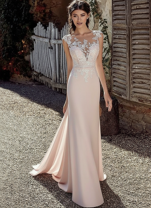 Bainha de comboio de corte de vestido de noiva com mangas de ilusão de chiffon branco