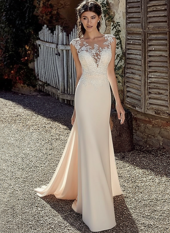 Bainha de comboio de corte de vestido de noiva com mangas de ilusão de chiffon branco