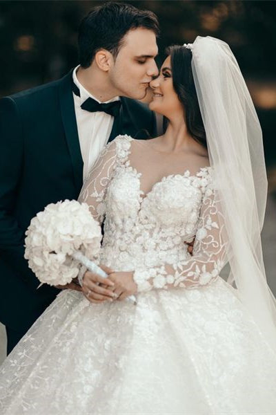 White Sweetheart A-line Long Sleeves Wedding Dress With Lace