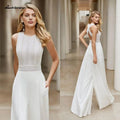 Macacão Branco para Casamento Vestidos de Casamento na Praia Decote Redondo Comprimento ao Chão Vestidos de Noiva Boémios Traje Personalizado Renda Bata de Festa