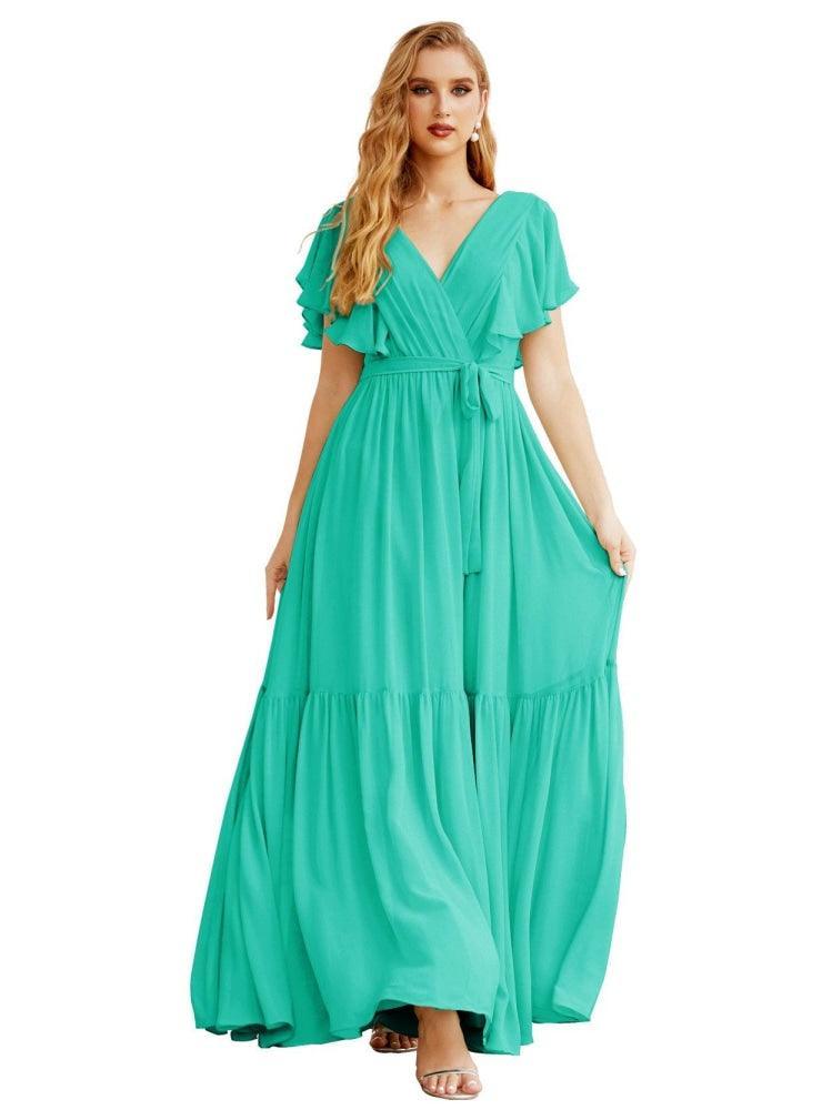 Vestidos de Festa Formais Femininos com Costas Descobertas, Decote em V, Longos em Chiffon, para Madrinhas, com Cinto na Cintura SEA28038