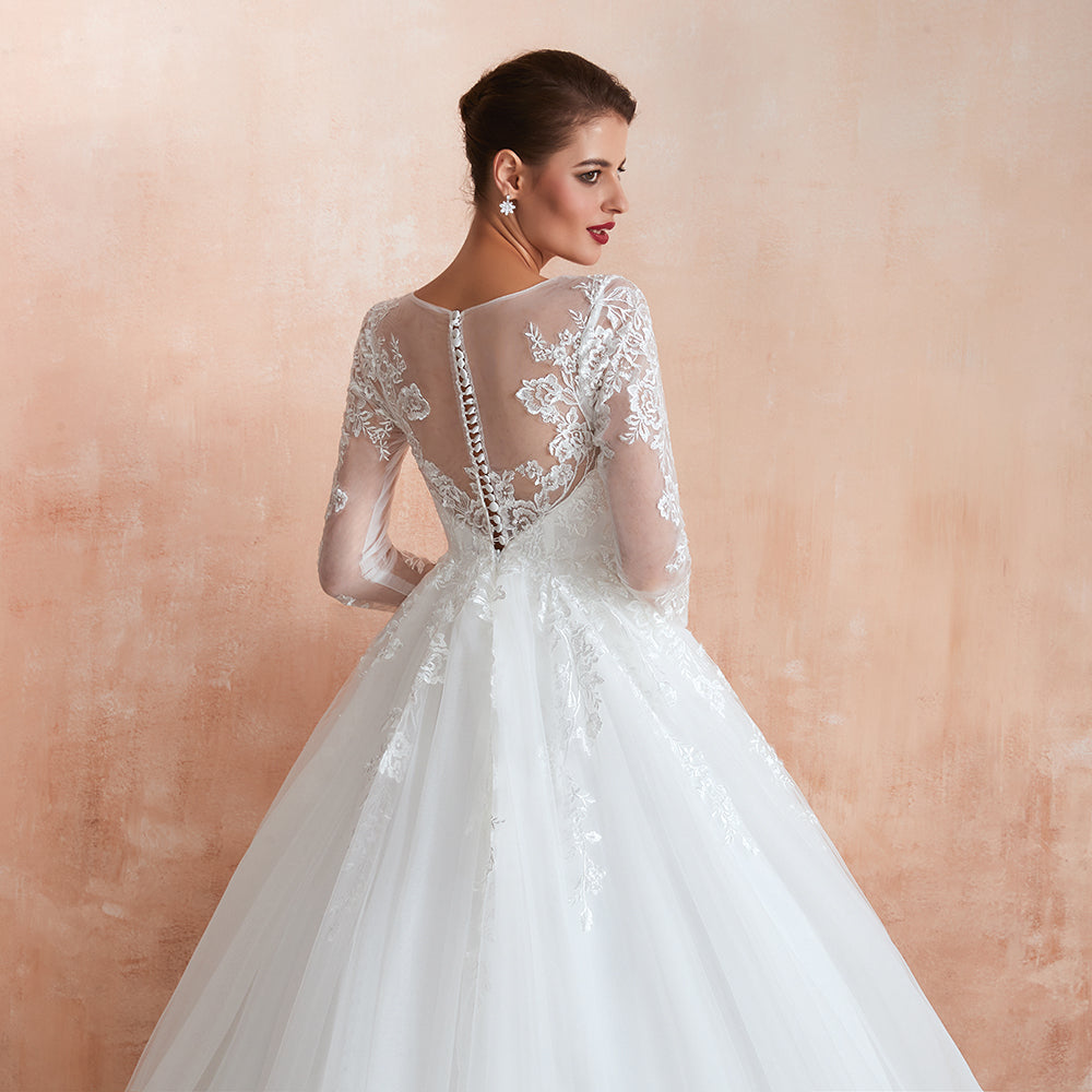 Vestido de Noiva Maravilhoso Comprido em Tule com Aplicações e Mangas em Corte em A