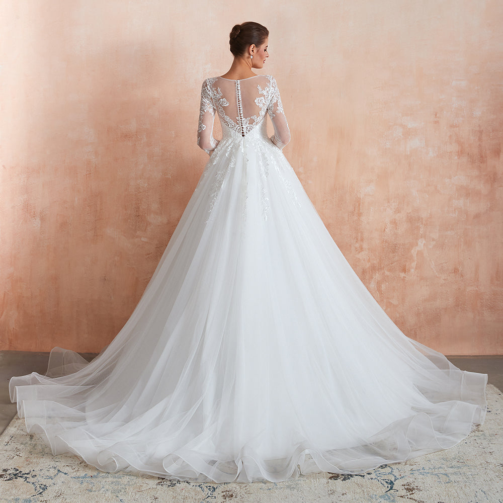 Vestido de Noiva Maravilhoso Comprido em Tule com Aplicações e Mangas em Corte em A