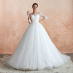 Vestido de Noiva Maravilhoso Comprido em Tule com Aplicações e Mangas em Corte em A