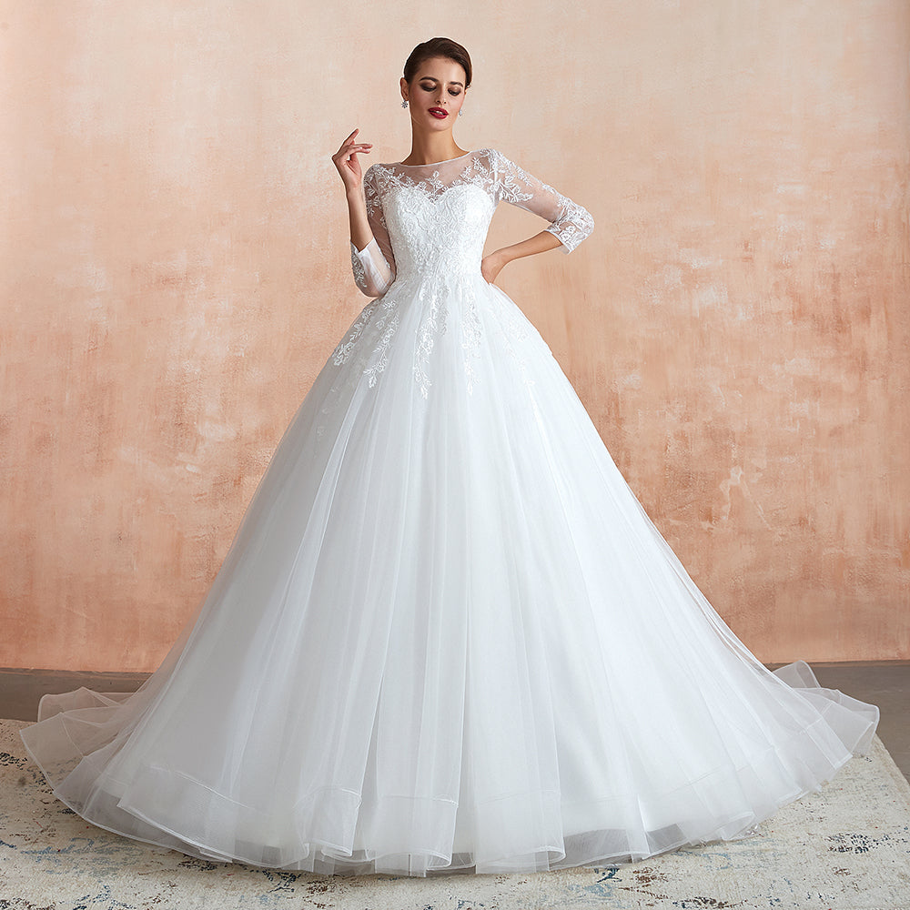 Vestido de Noiva Maravilhoso Comprido em Tule com Aplicações e Mangas em Corte em A
