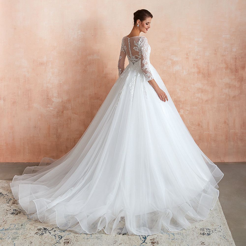 Vestido de Noiva Maravilhoso Comprido em Tule com Aplicações e Mangas em Corte em A